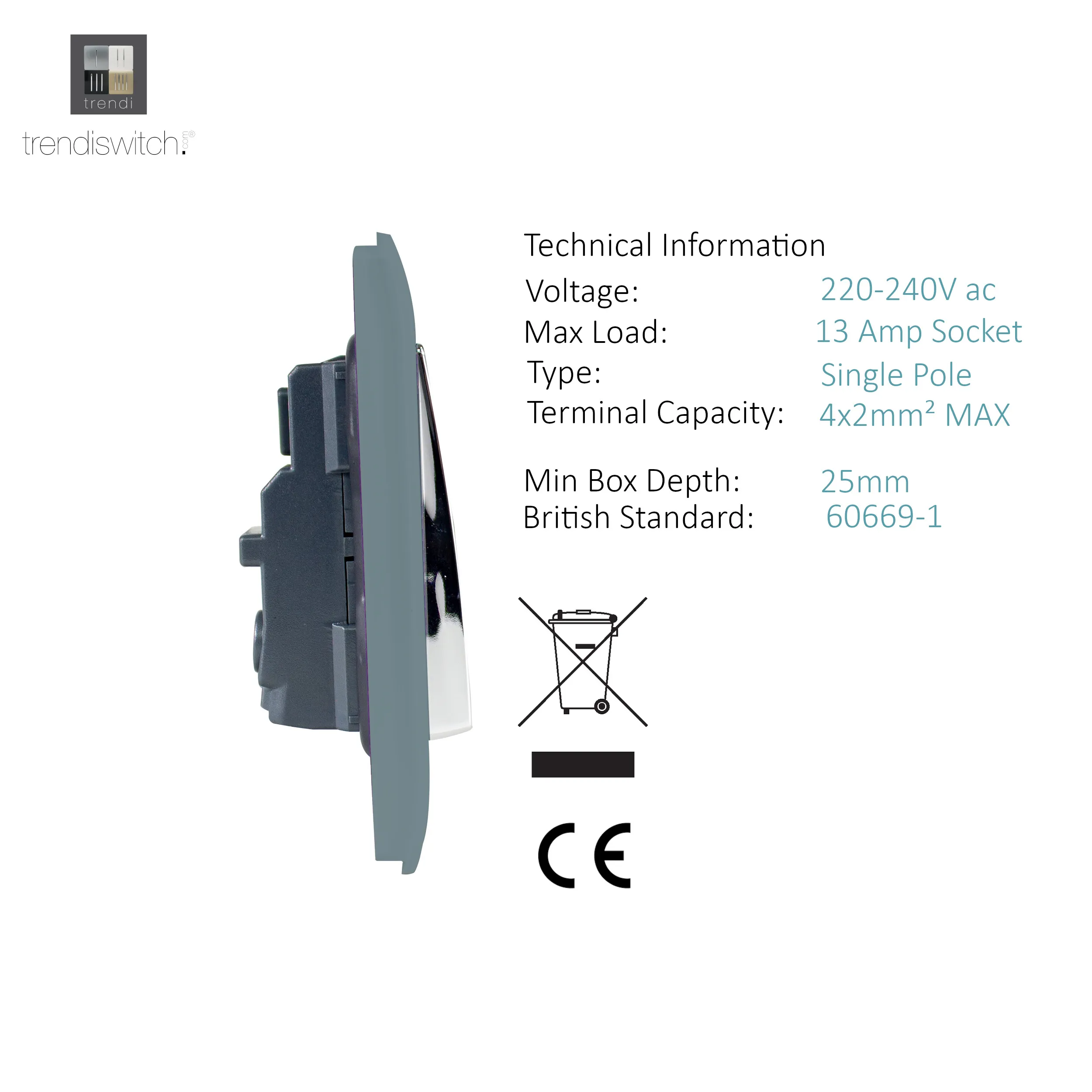 2 Gang 13Amp Long Switched Double Socket Cool Grey ART-SKT213LCG  Trendi Cool Grey